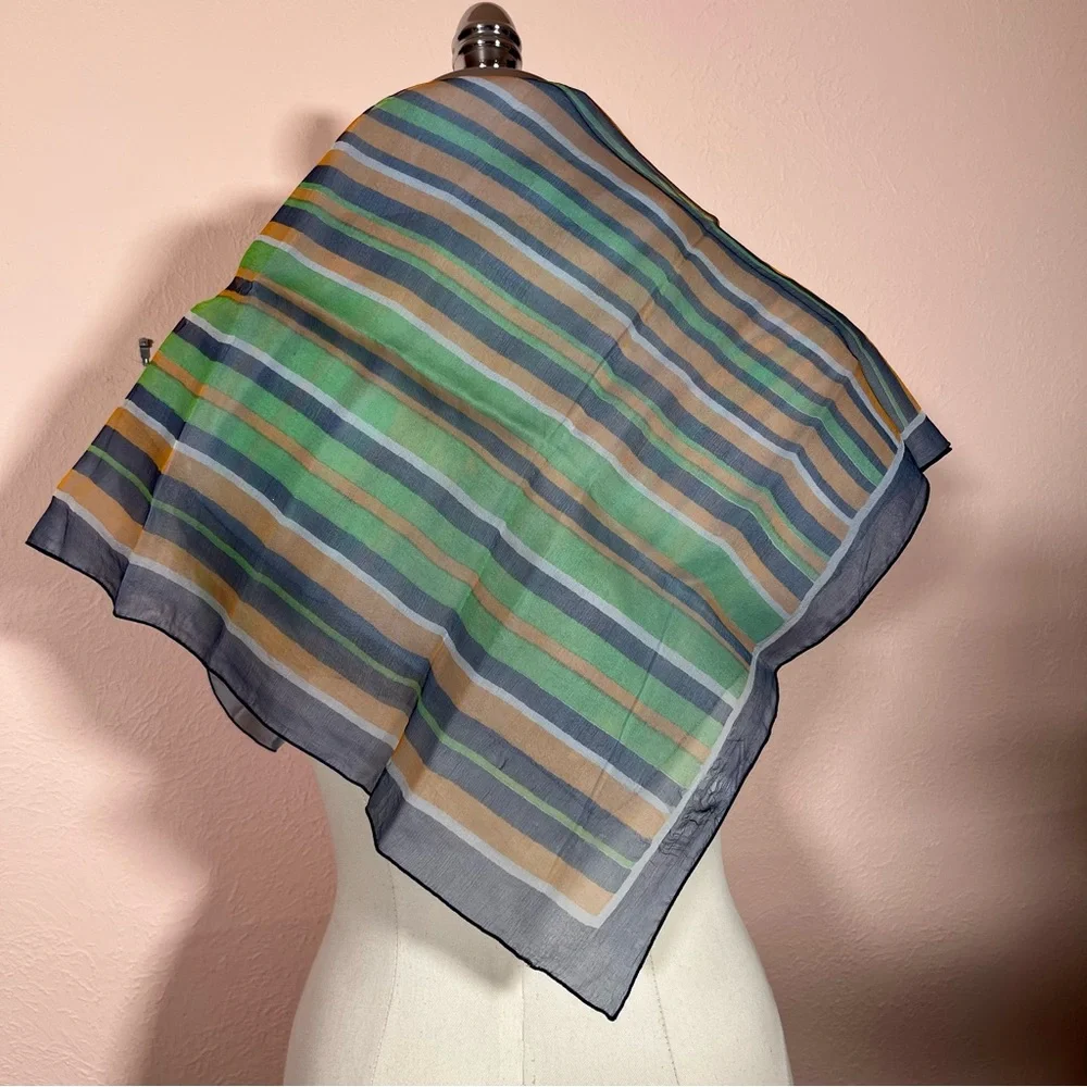 Vintage semi sheer striped Mod Green Blue Square Neck Scarf